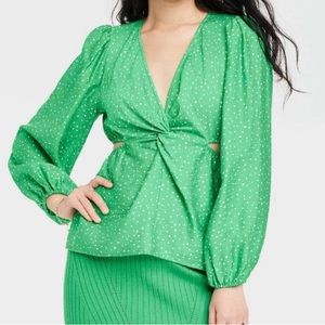 Women's Puff Long Sleeve V-Neck Twist-Front Top - A New Day Green/White.  M. NWT